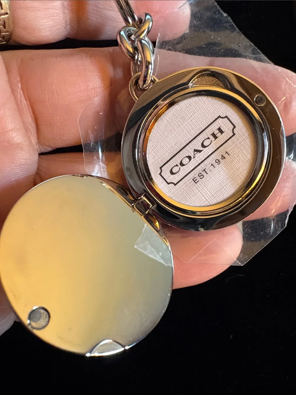 Coach Silver Locket with Black Lettering Round Logo Keychain Charm